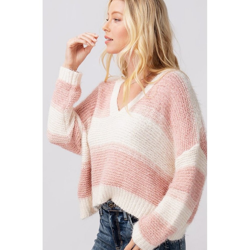 NEW Soft Fuzzy Eyelash Knit V Neck Stripe Cropped Knit Sweater - Picture 3 of 11